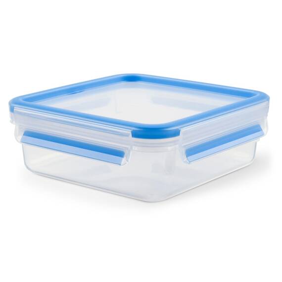 EMSA Clip & Close Frischhaltedose, quadratisch, 0,85 L, mit Deckel, Aufbewahrungsbox, 100 Prozent dicht, spülmaschinen-, gefrier-, mikrowellenfest, Transparent, Blau, Made in Germany, 508536