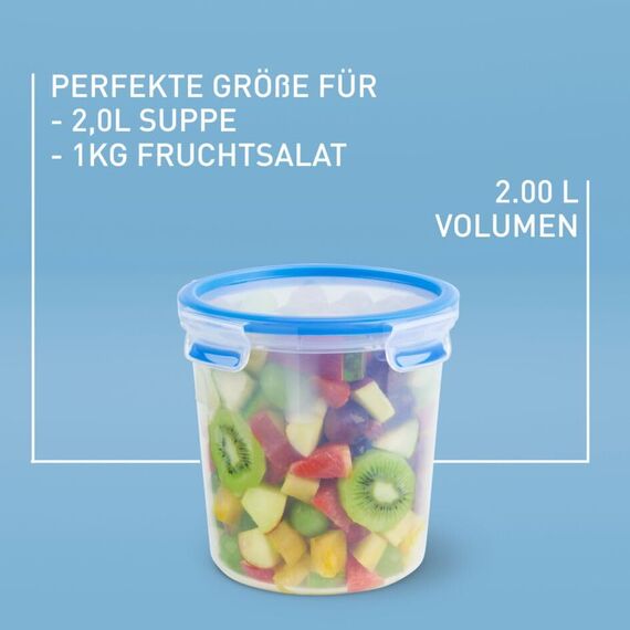 EMSA Clip & Close Frischhaltedose, rund, 2,0 L, Aufbewahrungsbox, 100 Prozent dicht, spülmaschinen-, gefrier-, mikrowellenfest, Transparent, Blau, Made in Germany, 508553