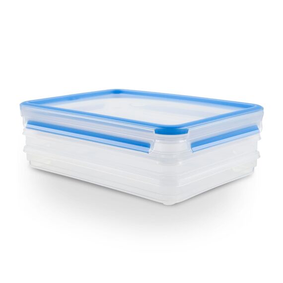 EMSA Clip & Close Frischhaltedosen-Set, rechteckig, 3 x 1 L, Aufschnittboxsystem mit Deckel, Aufbewahrungsboxen, 100 Prozent dicht, spülmaschinen-, gefrier-, mikrowellenfest, Transparent, Blau, 508556