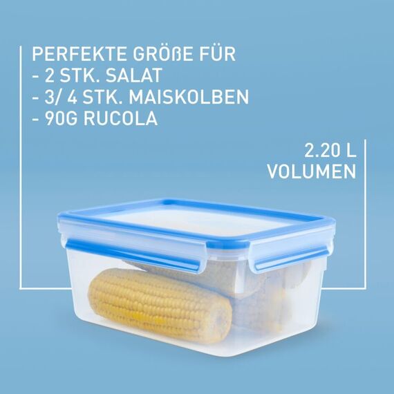 EMSA Clip & Close Frischhaltedose, rechteckig, 2,2 L, Aufbewahrungsbox, 100 Prozent dicht, spülmaschinen-, gefrier-, mikrowellenfest, Transparent, Blau, Made in Germany, 508544