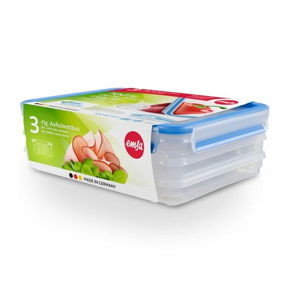 EMSA Clip & Close Frischhaltedosen-Set, rechteckig, 3 x 1 L, Aufschnittboxsystem mit Deckel, Aufbewahrungsboxen, 100 Prozent dicht, spülmaschinen-, gefrier-, mikrowellenfest, Transparent, Blau, 508556