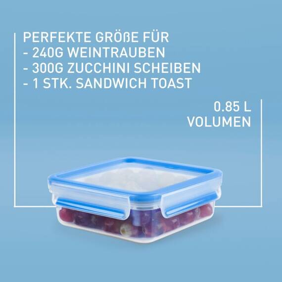 EMSA Clip & Close Frischhaltedose, quadratisch, 0,85 L, mit Deckel, Aufbewahrungsbox, 100 Prozent dicht, spülmaschinen-, gefrier-, mikrowellenfest, Transparent, Blau, Made in Germany, 508536