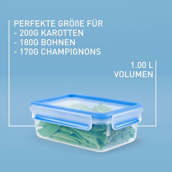 EMSA Clip & Close Frischhaltedose, rechteckig, 1 L, mit Deckel, Aufbewahrungsbox, 100 Prozent dicht, spülmaschinen-, gefrier-, mikrowellenfest, Transparent, Blau, Made in Germany, 508540