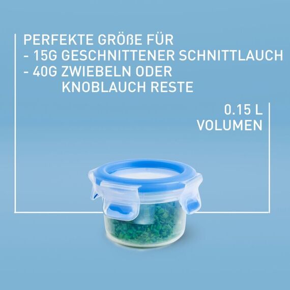 EMSA Clip & Close Frischhaltedose, rund, 0,15 L, Aufbewahrungsbox, 100 Prozent dicht, spülmaschinen-, gefrier-, mikrowellenfest, Transparent, Blau, Made in Germany, 508550