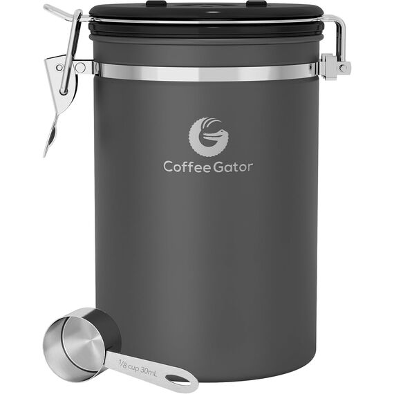 Coffee Gator Aromadichte Kaffeedose Aufbewahrungsbehälter mit CO2 Ventil und Magnetischem Dosierlöffel (Grey, Large)