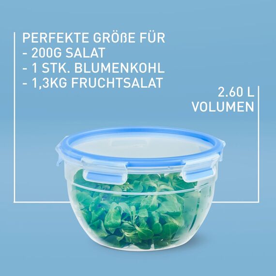 EMSA Clip & Close Frischhaltedose, rund, 2,6 L, Aufbewahrungsbox, 100 Prozent dicht, spülmaschinen-, gefrier-, mikrowellenfest, Transparent, Blau, Made in Germany, N10114