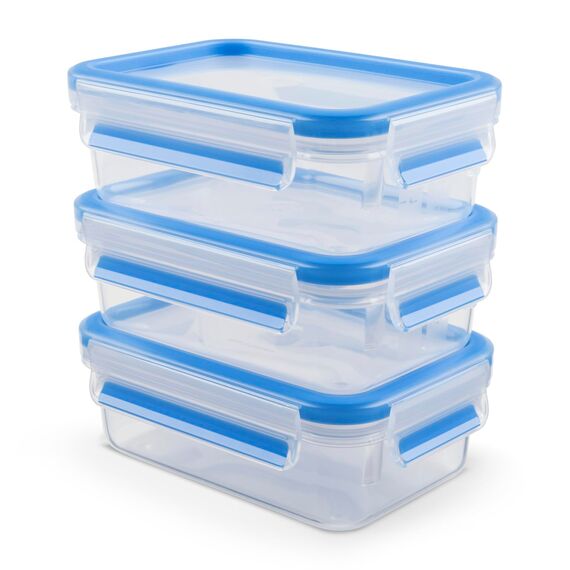 EMSA Clip & Close Frischhaltedosen-Set, rechteckig, 3 x 0,55 L, Aufbewahrungsboxen, 100 Prozent dicht, spülmaschinen-, gefrier-, mikrowellenfest, Transparent, Blau, Made in Germany, 508570