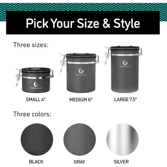Coffee Gator Aromadichte Kaffeedose Aufbewahrungsbehälter mit CO2 Ventil und Magnetischem Dosierlöffel (Grey, Large)
