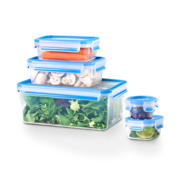 EMSA Clip & Close Frischhaltedosen-Set, rechteckig, 0,15 u. 0,2 u. 0,55 u. 1,00 u. 3,70 L, Aufbewahrungsboxen, 100 Prozent dicht, spülmaschinen-, gefrier-, mikrowellenfest, Transparent, Blau, 508568
