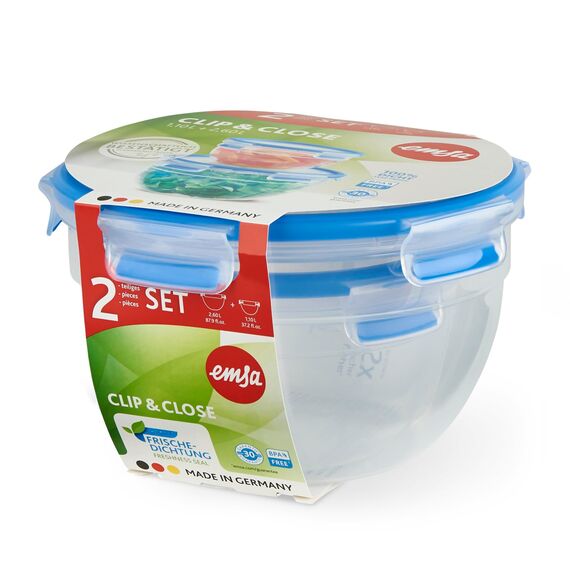 EMSA Clip & Close Frischhaltedosen-Set, rund, 1,1 L+ 2,6 L, Aufbewahrungsboxen, 100 Prozent dicht, spülmaschinen-, gefrier-, mikrowellenfest, Transparent, Blau, Made in Germany, N10116