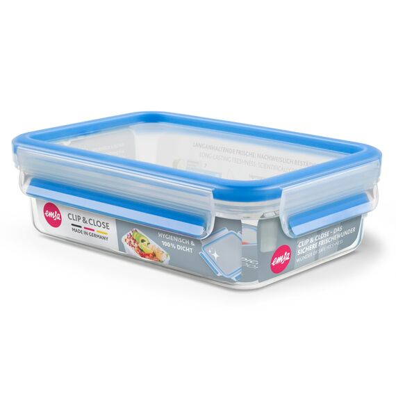 EMSA Clip & Close Frischhaltedose, rechteckig, 0,8 L, mit Deckel, Aufbewahrungsbox, 100 Prozent dicht, spülmaschinen-, gefrier-, mikrowellenfest, Transparent, Blau, Made in Germany, 508539