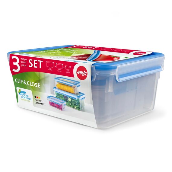 EMSA Clip & Close Frischhaltedosen-Set, rechteckig, 1,00 u. 2,30 u. 3,70 L, Aufbewahrungsboxen, 100 Prozent dicht, spülmaschinen-, gefrier-, mikrowellenfest, Transparent, Blau, Made in Germany, 508567