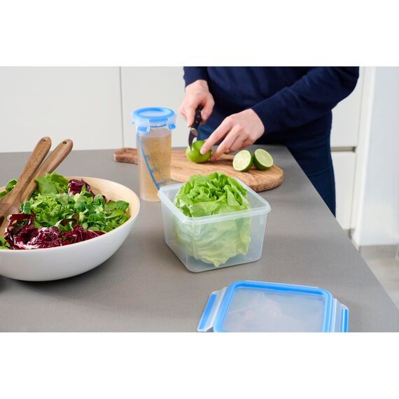 EMSA Clip & Close Frischhaltedose, quadratisch, 1,75 L, mit Deckel, Aufbewahrungsbox, 100 Prozent dicht, spülmaschinen-, gefrier-, mikrowellenfest, Transparent, Blau, Made in Germany, 508537