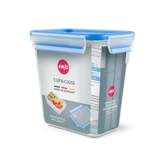 EMSA Clip & Close Frischhaltedose, rechteckig, 1,5 L, mit Deckel, Aufbewahrungsbox, 100 Prozent dicht, spülmaschinen-, gefrier-, mikrowellenfest, Transparent, Blau, Made in Germany, 508543
