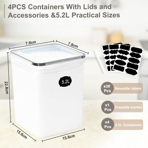 GoMaihe 5.2L Groß Vorratsdosen mit Deckel: 4er Mehl Behälter mit Etiketten & Marker | Luftdicht Aufbewahrungsbox Küche Ideal für 5lb Zucker, Müsli, Cornflakes| BPA-FREI | Spülmaschinenfest