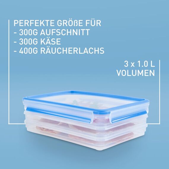 EMSA Clip & Close Frischhaltedosen-Set, rechteckig, 3 x 1 L, Aufschnittboxsystem mit Deckel, Aufbewahrungsboxen, 100 Prozent dicht, spülmaschinen-, gefrier-, mikrowellenfest, Transparent, Blau, 508556