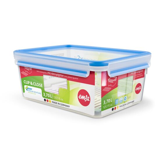 EMSA Clip & Close Frischhaltedose, rechteckig, 3,7 L, Aufbewahrungsbox, 100 Prozent dicht, spülmaschinen-, gefrier-, mikrowellenfest, Transparent, Blau, Made in Germany, 512888