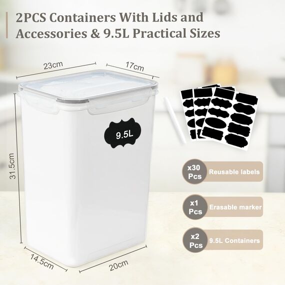 GoMaihe 2er Set XXL Vorratsdosen: 9,5L Große Behälter mit Etiketten & Marker | Aufbewahrungsbox Küche Ideal für 10 lb Reis, Haustierfutter & mehr | Luftdicht mit Deckel | BPA-FREI