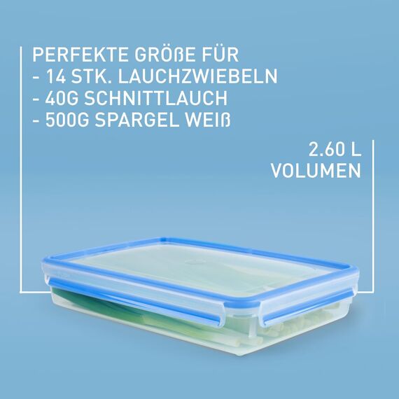 EMSA Clip & Close Frischhaltedose, rechteckig, 2,6 L, mit Deckel, Aufbewahrungsbox, 100 Prozent dicht, spülmaschinen-, gefrier-, mikrowellenfest, Transparent, Blau, Made in Germany, 508545