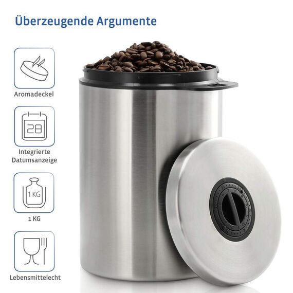Xavax Kaffeedose luftdicht für 1 kg Kaffeebohnen (Behälter für Kaffee, Tee, Kakao, Nudeln, Edelstahl Dose zur Aufbewahrung mit Aromaverschluss, Vorratsdose für 1000 g Kaffee) silber