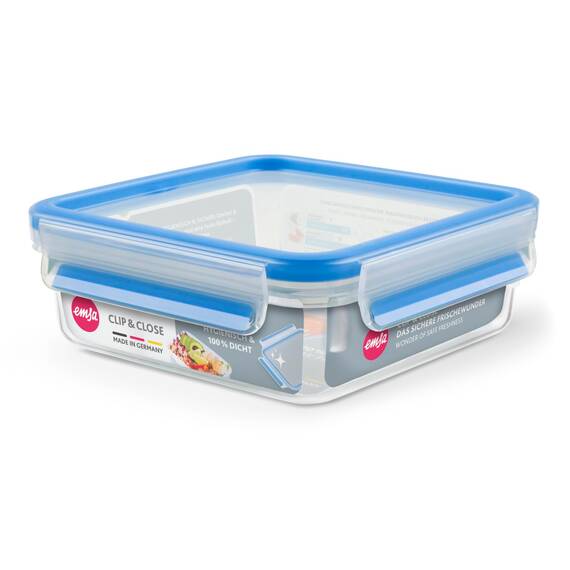 EMSA Clip & Close Frischhaltedose, quadratisch, 0,85 L, mit Deckel, Aufbewahrungsbox, 100 Prozent dicht, spülmaschinen-, gefrier-, mikrowellenfest, Transparent, Blau, Made in Germany, 508536