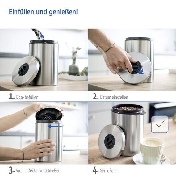 Xavax Kaffeedose luftdicht für 1 kg Kaffeebohnen (Behälter für Kaffee, Tee, Kakao, Nudeln, Edelstahl Dose zur Aufbewahrung mit Aromaverschluss, Vorratsdose für 1000 g Kaffee) silber