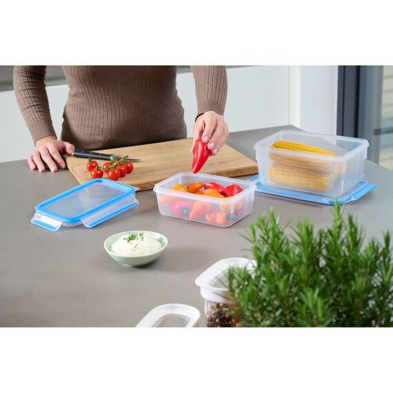 EMSA Clip & Close Frischhaltedose, rechteckig, 1 L, mit Deckel, Aufbewahrungsbox, 100 Prozent dicht, spülmaschinen-, gefrier-, mikrowellenfest, Transparent, Blau, Made in Germany, 508540