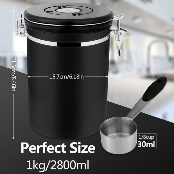 ZWOOS Kaffeedose Luftdicht 1kg - Kaffeebohnen Behälter aus Edelstahl mit CO2-Ventil - mit Messlöffel (2,8 L Schwarz), 3321922