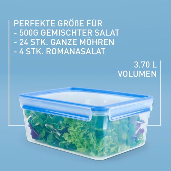 EMSA Clip & Close Frischhaltedose, rechteckig, 3,7 L, mit Deckel, Aufbewahrungsbox, 100 Prozent dicht, spülmaschinen-, gefrier-, mikrowellenfest, Transparent, Blau, Made in Germany, 508546
