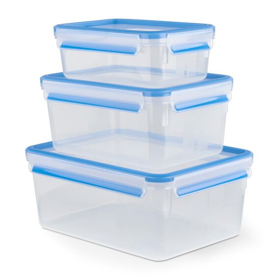 EMSA Clip & Close Frischhaltedosen-Set, rechteckig, 1,00 u. 2,30 u. 3,70 L, Aufbewahrungsboxen, 100 Prozent dicht, spülmaschinen-, gefrier-, mikrowellenfest, Transparent, Blau, Made in Germany, 508567