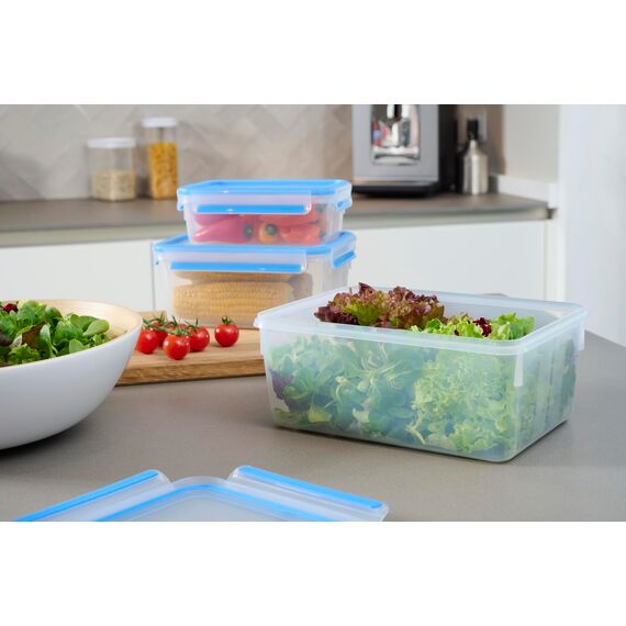 EMSA Clip & Close Frischhaltedosen-Set, rechteckig, 1,00 u. 2,30 u. 3,70 L, Aufbewahrungsboxen, 100 Prozent dicht, spülmaschinen-, gefrier-, mikrowellenfest, Transparent, Blau, Made in Germany, 508567