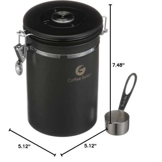 Coffee Gator Aromadichte Kaffeedose Aufbewahrungsbehälter mit CO2 Ventil und Magnetischem Dosierlöffel (Grey, Large)