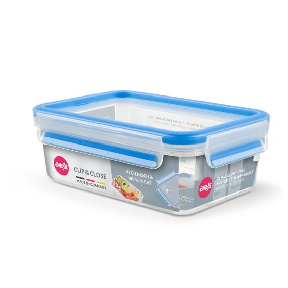 EMSA Clip & Close Frischhaltedose, rechteckig, 1 L, mit Deckel, Aufbewahrungsbox, 100 Prozent dicht, spülmaschinen-, gefrier-, mikrowellenfest, Transparent, Blau, Made in Germany, 508540