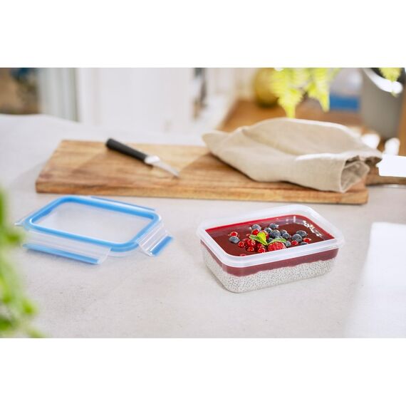 EMSA Clip & Close Frischhaltedose, rechteckig, 0,55 L, Aufbewahrungsbox, 100 Prozent dicht, spülmaschinen-, gefrier-, mikrowellenfest, Transparent, Blau, Made in Germany, 508538