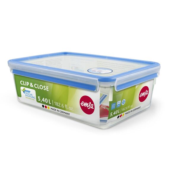 EMSA Clip & Close Frischhaltedose, rechteckig, 5,4 L, mit Deckel, Aufbewahrungsbox, 100 Prozent dicht, spülmaschinen-, gefrier-, mikrowellenfest, Transparent, Blau, Made in Germany, 508547