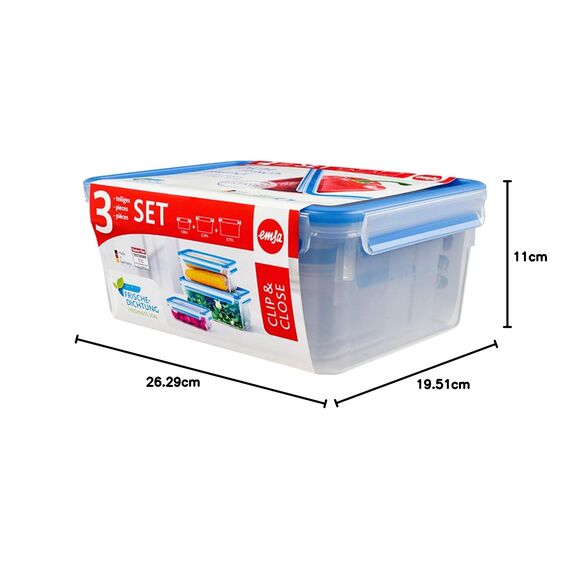 EMSA Clip & Close Frischhaltedosen-Set, rechteckig, 1,00 u. 2,30 u. 3,70 L, Aufbewahrungsboxen, 100 Prozent dicht, spülmaschinen-, gefrier-, mikrowellenfest, Transparent, Blau, Made in Germany, 508567