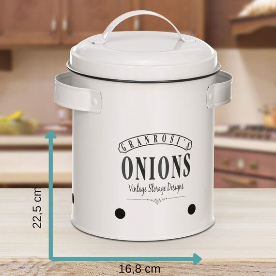 Granrosi Iowa Zwiebeltopf Zwiebel-Vorratsdose Zwiebelbox Zwiebelbehälter, Emaille-Stahlblech, rostfrei, Lüftungsöffnungen, Füllmenge: ca. 1, 6 kg Zwiebeln, Crème