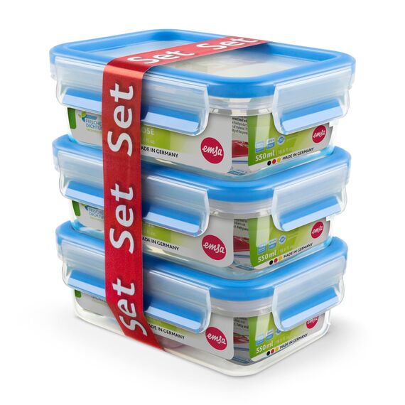 EMSA Clip & Close Frischhaltedosen-Set, rechteckig, 3 x 0,55 L, Aufbewahrungsboxen, 100 Prozent dicht, spülmaschinen-, gefrier-, mikrowellenfest, Transparent, Blau, Made in Germany, 508570