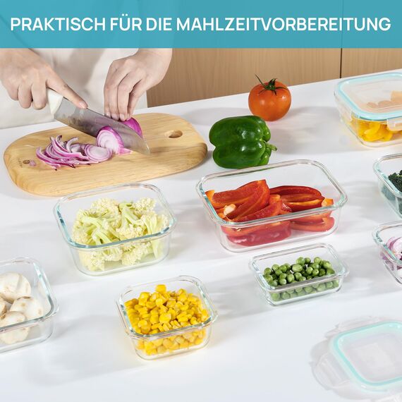 Vtopmart 8er Glasbehälter Mit Deckel, Glas Frischhaltedosen Mit Deckel, Meal Prep Boxen für Lebensmittel, Mikrowellen, BPA-Freie (Green)