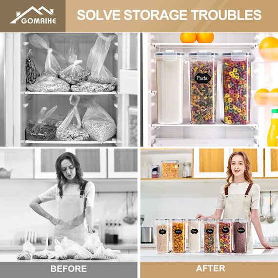 GoMaihe 4L Vorratsdosen 6 Set, Aufbewahrungsbox Küche Luftdicht Behälter aus Plastik Mit Deckel, Vorratsgläser zur Aufbewahrung von Nudeln, Müsli, Reis, Mehl, und für Futter Haustiere, MEHRWEG