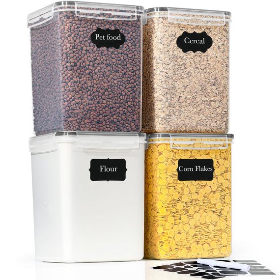 GoMaihe 5.2L Groß Vorratsdosen mit Deckel: 4er Mehl Behälter mit Etiketten & Marker | Luftdicht Aufbewahrungsbox Küche Ideal für 5lb Zucker, Müsli, Cornflakes| BPA-FREI | Spülmaschinenfest