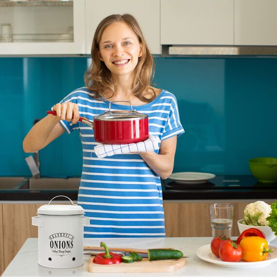 Granrosi Iowa Zwiebeltopf Zwiebel-Vorratsdose Zwiebelbox Zwiebelbehälter, Emaille-Stahlblech, rostfrei, Lüftungsöffnungen, Füllmenge: ca. 1, 6 kg Zwiebeln, Crème