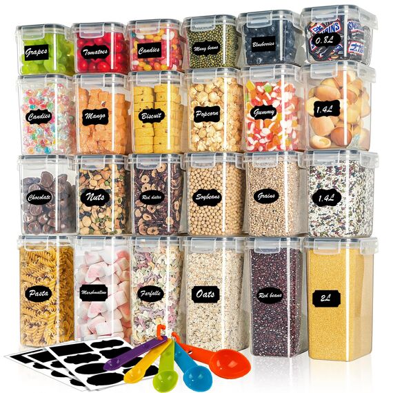 Withosent Vorratsdosen Luftdicht 24er Set, Aufbewahrungsbox Küche mit Deckel aus Plastik, Vorratsbehälter Behälter Organizer für Mehl Müsli Cornflakes, Mit Etikett und Löffel (2L 1.6L 0.8L)