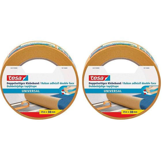tesa Doppelseitiges Klebeband Universal - Vielseitiges Klebeband für Verpackungen, Deko und Teppiche oder zum Basteln - 25 m x 38 mm (Packung mit 2)