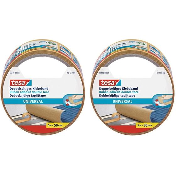 tesa Doppelseitiges Klebeband Universal - Vielseitiges Klebeband für Verpackungen, Deko und Teppiche oder zum Basteln - 5 m x 50 mm (Packung mit 2)