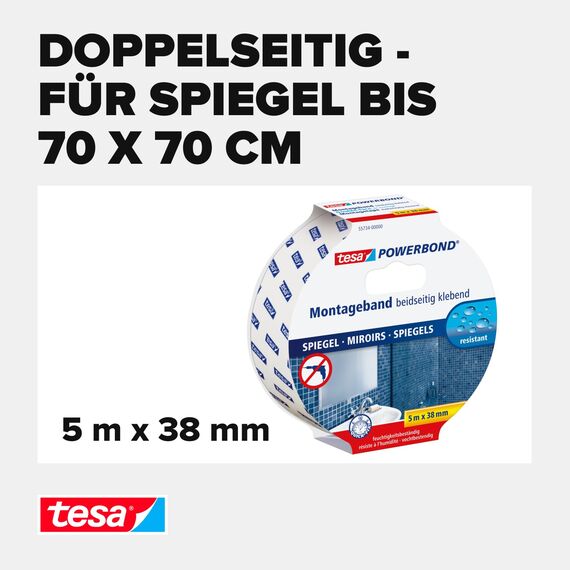 tesa Powerbond MIRROR - Doppelseitiges Montageband zur Fixierung von Spiegeln - Feuchtigkeitsbeständiges Klebeband für Bad und Dusche - 5 m x 38 mm