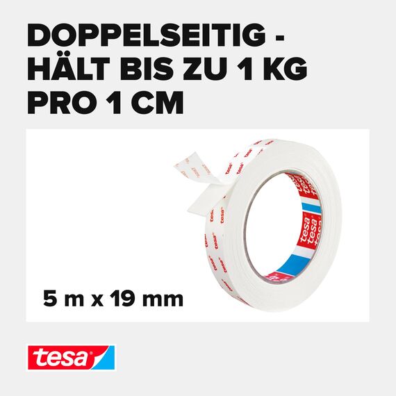 tesa Montageband Tapete&Putz, 10 kg Haltekraft pro Meter - starkes, doppelseitiges Montageklebeband zur Befestigung auf Gips und Tapeten - 5 m x 19 mm