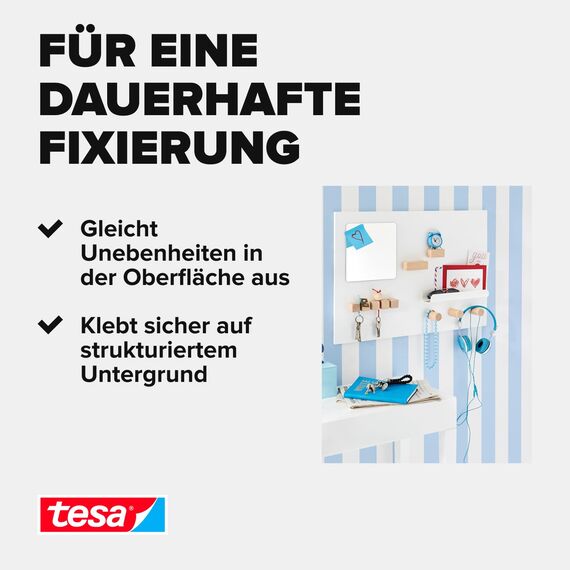 tesa Montageband Tapete&Putz, 10 kg Haltekraft pro Meter - starkes, doppelseitiges Montageklebeband zur Befestigung auf Gips und Tapeten - 1,5 m x 19 mm