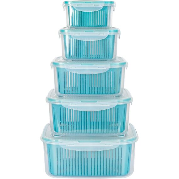 EASYLOCK 5er-Pack Kunststoff-Lebensmittel-Aufbewahrungsbehälter-Set mit Ablaufkorb, Obst-Aufbewahrungsbehälter für Kühlschrank, luftdicht, BPA-frei, multifunktional für frisches Gemüse und Obst