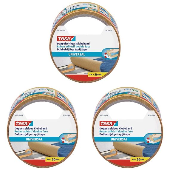 tesa Doppelseitiges Klebeband Universal - Vielseitiges Klebeband für Verpackungen, Deko und Teppiche oder zum Basteln - 5 m x 50 mm (Packung mit 3)